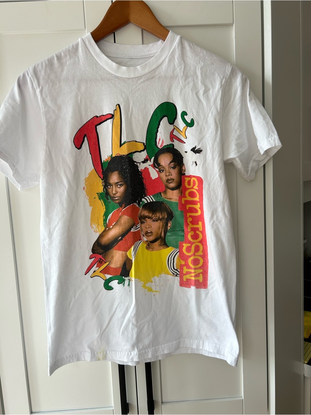 TLC No Scrubs Graphic Tee - White with Red, Yellow, Green size Small